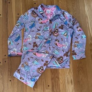 Nick & Nora Puppy Dog Print Satin Pajama Set XL 14/16 Purple Sleepwear PJ